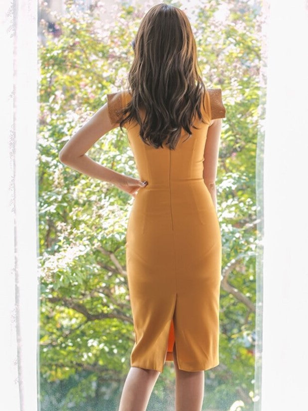 Sexy Split Sheath Knee Length Pencil Yellow Dress
