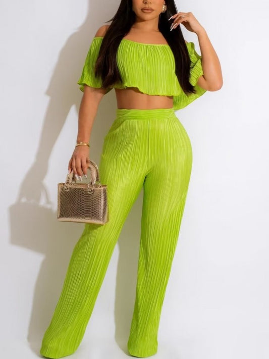 Smart Crop Top With Trouser Green Set