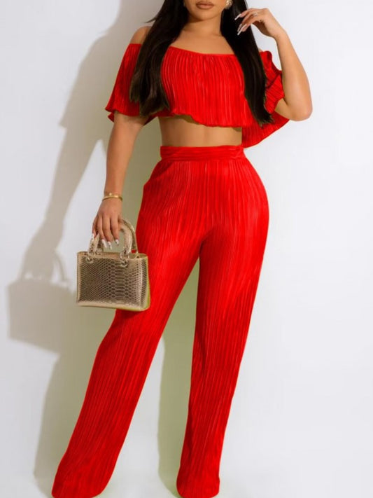 Smart Crop Top With Trouser Red Set