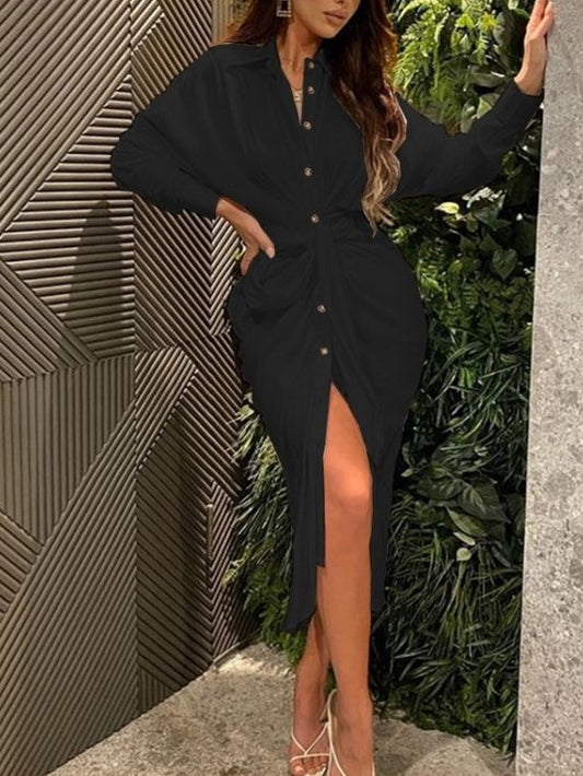 Smart Front Tie Long Sleeve Black Shirt Dress