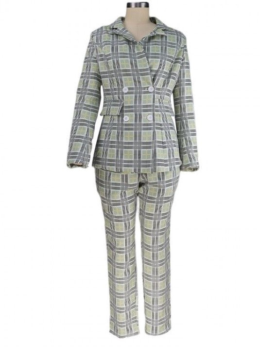 Sophisticated Slim Fit Green Plaid Trousers Suit Set - Ships in 24 Hrs