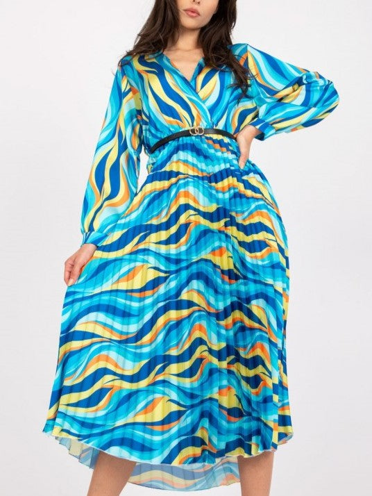 Stylish Printed Pleated Long Sleeve Blue Dress