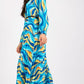 Stylish Printed Pleated Long Sleeve Blue Dress