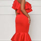 Stylish Ruffled Fishtail Sleeveless Evening Red Dress