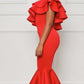 Stylish Ruffled Fishtail Sleeveless Evening Red Dress