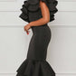 Stylish Ruffled Fishtail Sleeveless Evening Black Dress