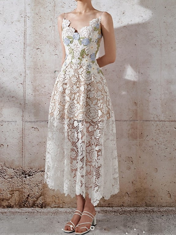 Sweet Crocheted Lace White Long Dress