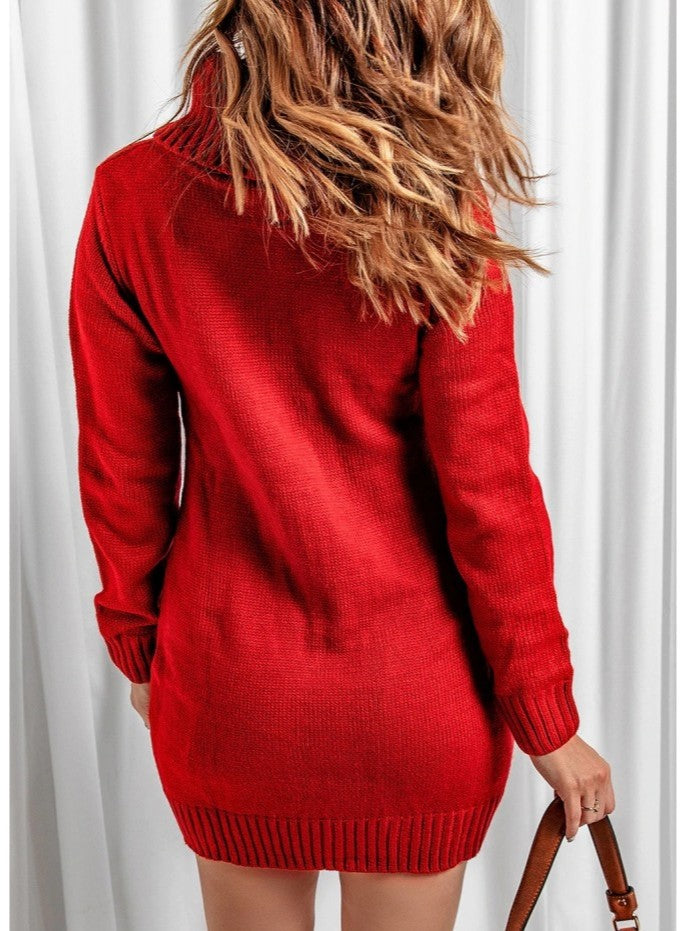 Winter Style Turtle Neck Long Sleeve Red Sweater Dress