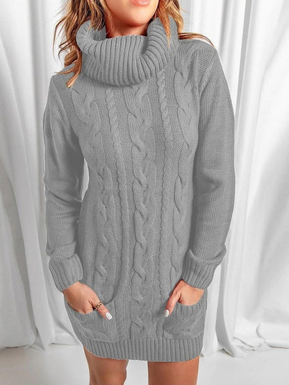 Winter Style Turtle Neck Long Sleeve Grey Sweater Dress