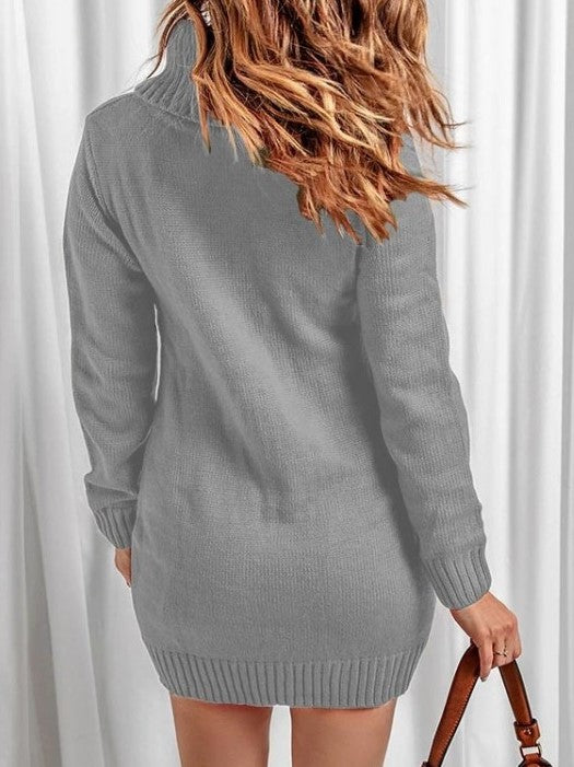 Winter Style Turtle Neck Long Sleeve Grey Sweater Dress
