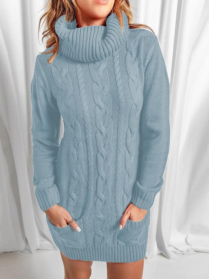 Winter Style Turtle Neck Long Sleeve Blue Sweater Dress
