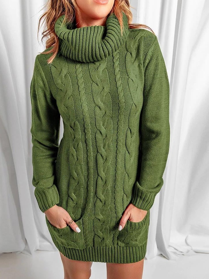 Winter Style Turtle Neck Long Sleeve Army Green Sweater Dress