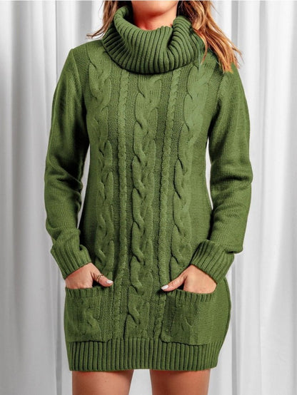 Winter Style Turtle Neck Long Sleeve Army Green Sweater Dress