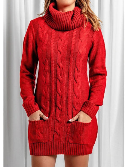 Winter Style Turtle Neck Long Sleeve Red Sweater Dress